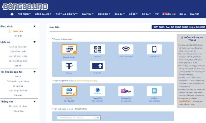 nạp tiền Bong88 Phương thức nạp tiền linh hoạt