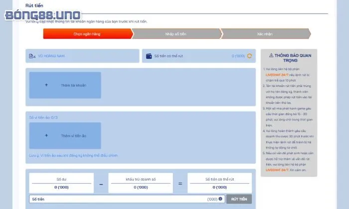 Rút tiền Bong88 Form yêu cầu rút tiền