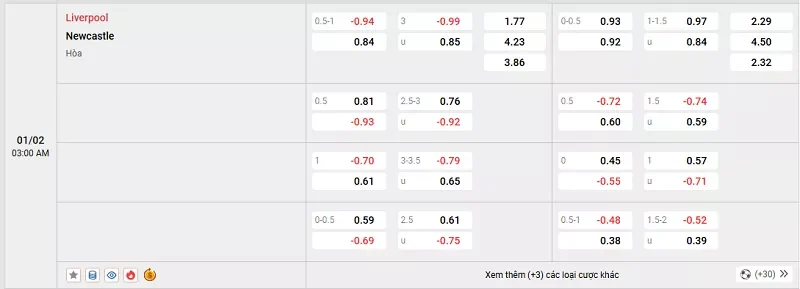 Tỷ lệ kèo trong trận đấu giữa Liverpool vs Newcastle